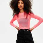 T-shirt manches longues rose en filet pull and bear